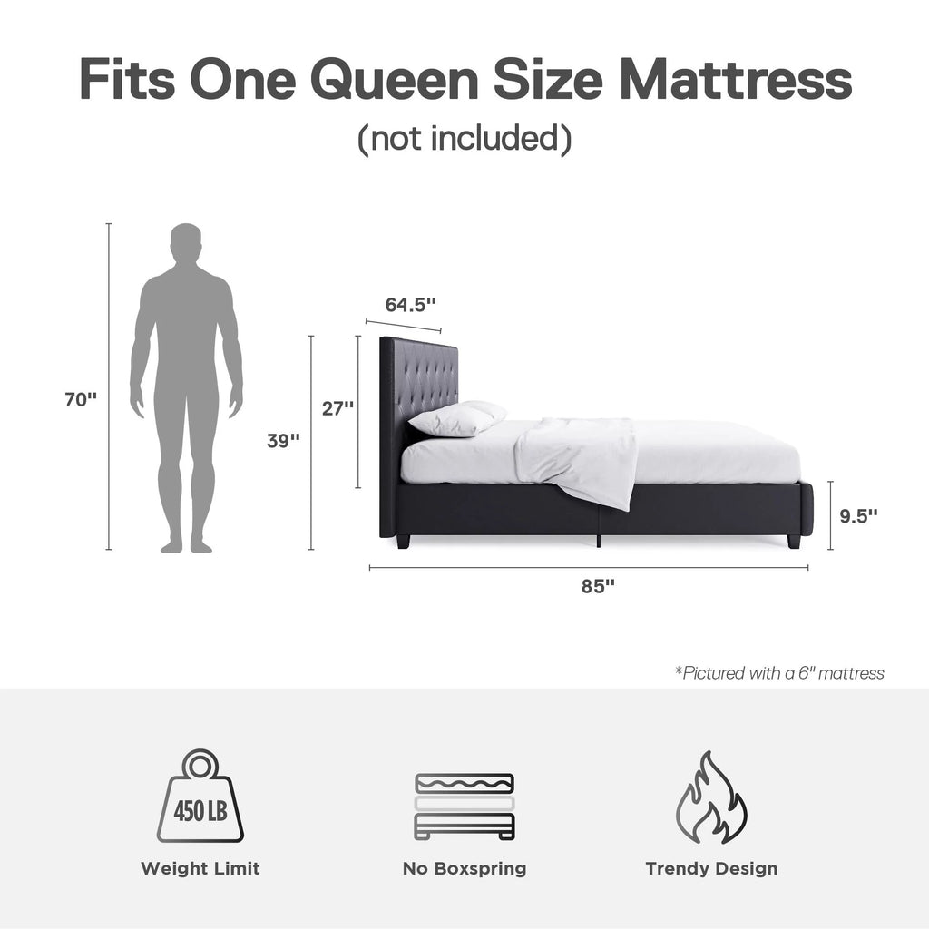 Queen Gray Faux Leather Upholstered Platform Bed V6554