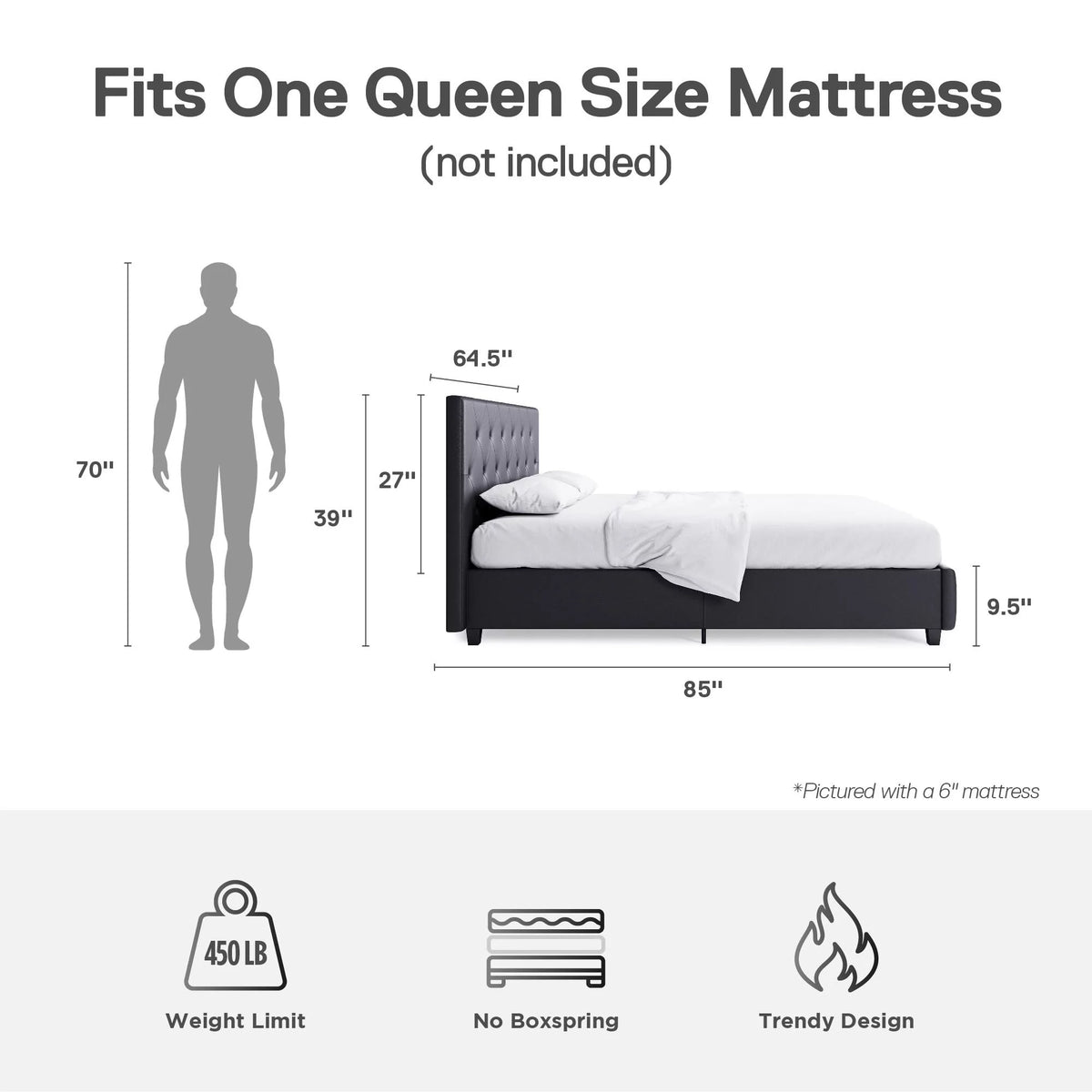 Queen Gray Faux Leather Upholstered Platform Bed V6554