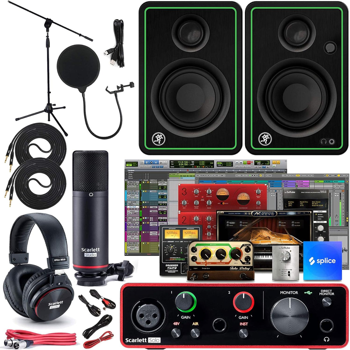 USB Audio Interface and Recording Bundle with Monitors, Microphone Stand, and Pop Filter (5 Items) K533948