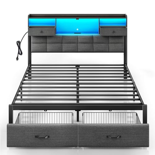 Black Full Size Upholstered Platform Bed Frame with Drawers and Storage Headboard F6221
