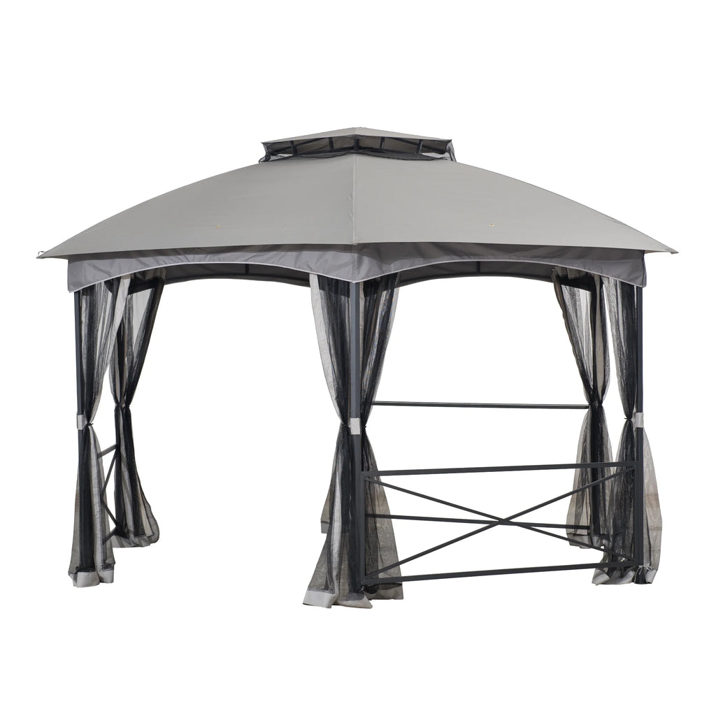 2-tone Gray Hexagon Steel Gazebo with Mosquito Netting M223590