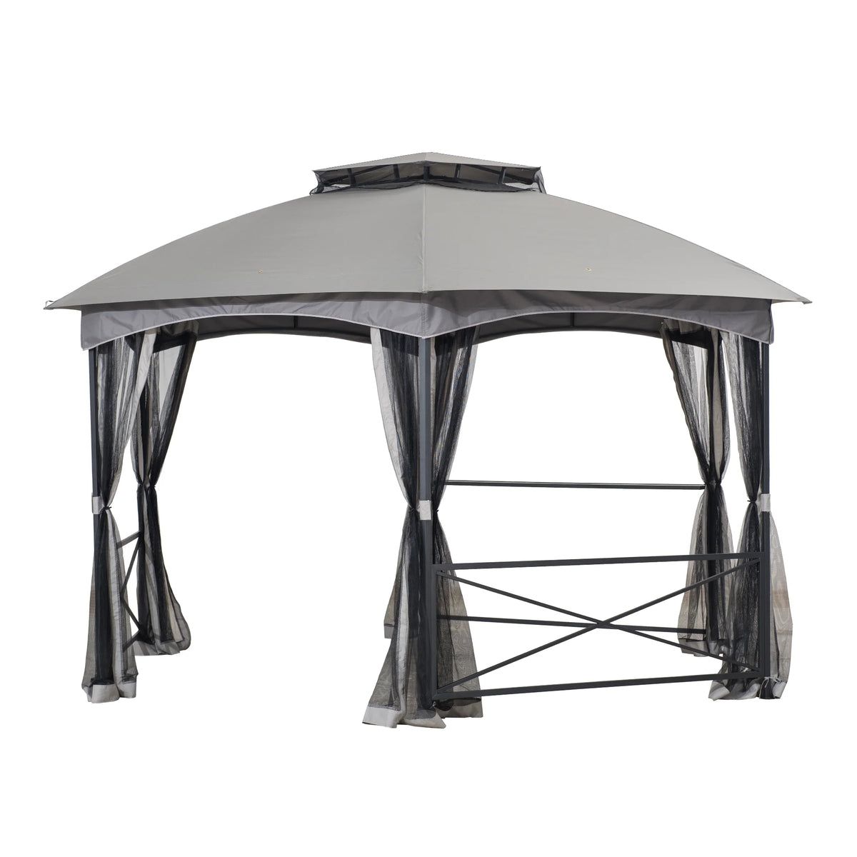 2-tone Gray Hexagon Steel Gazebo with Mosquito Netting M223590