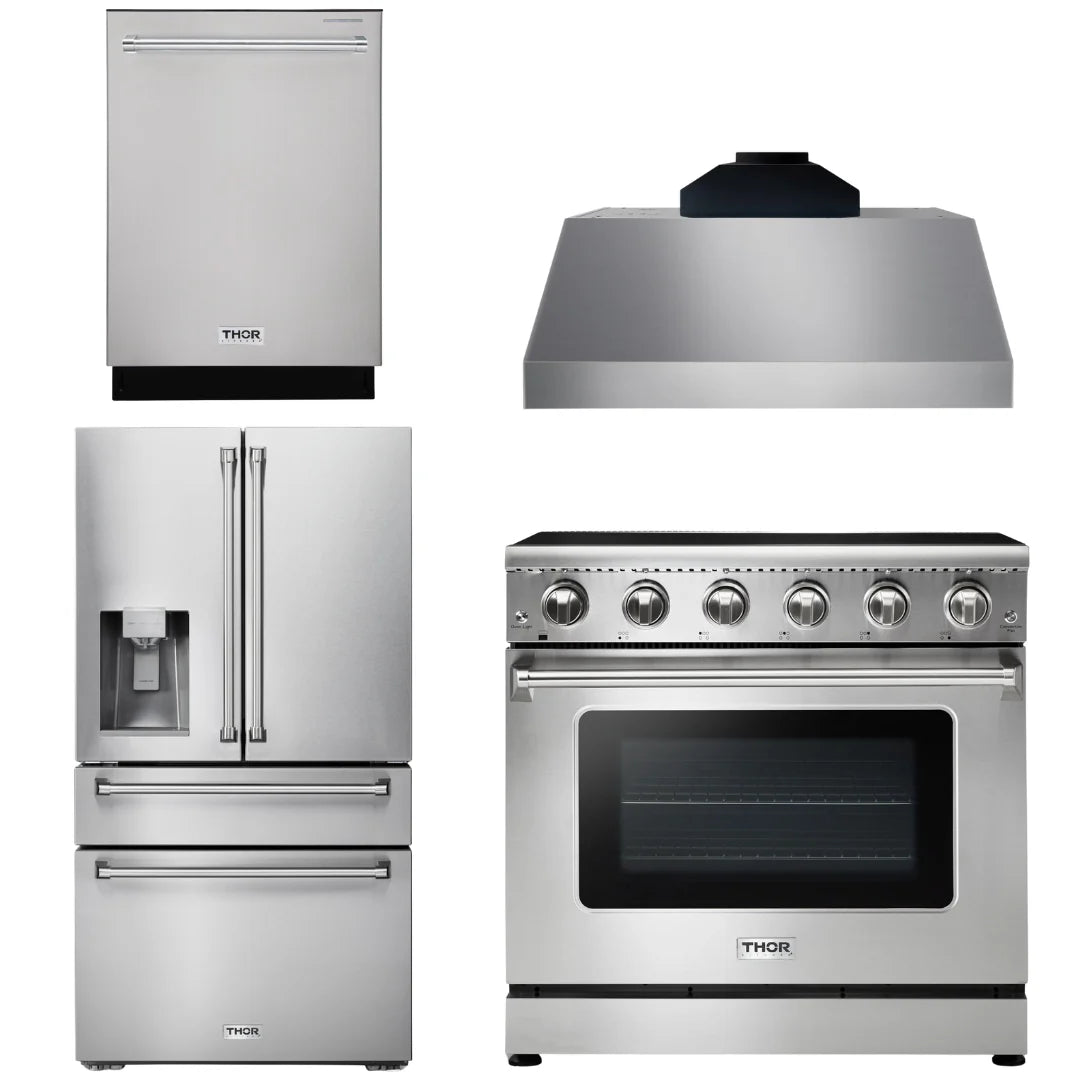 36 Electric Range, Range Hood, Refrigerator with Water and Ice Dispenser, Dishwasher P119655
