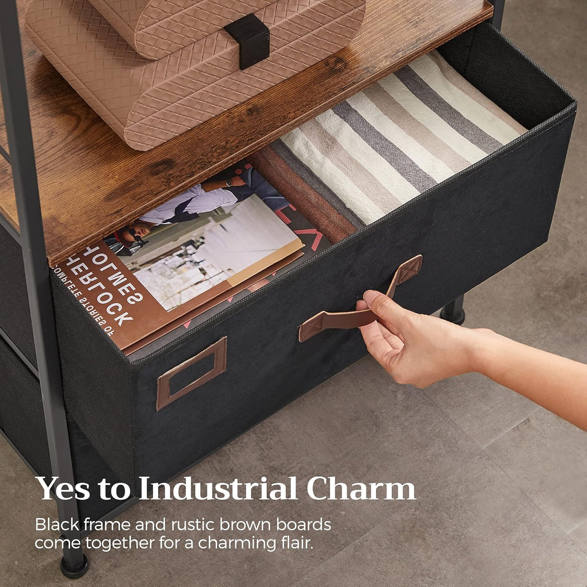 Rustic Brown Black Gray Nightstand with 2 Fabric Drawers and Wooden Top W3046