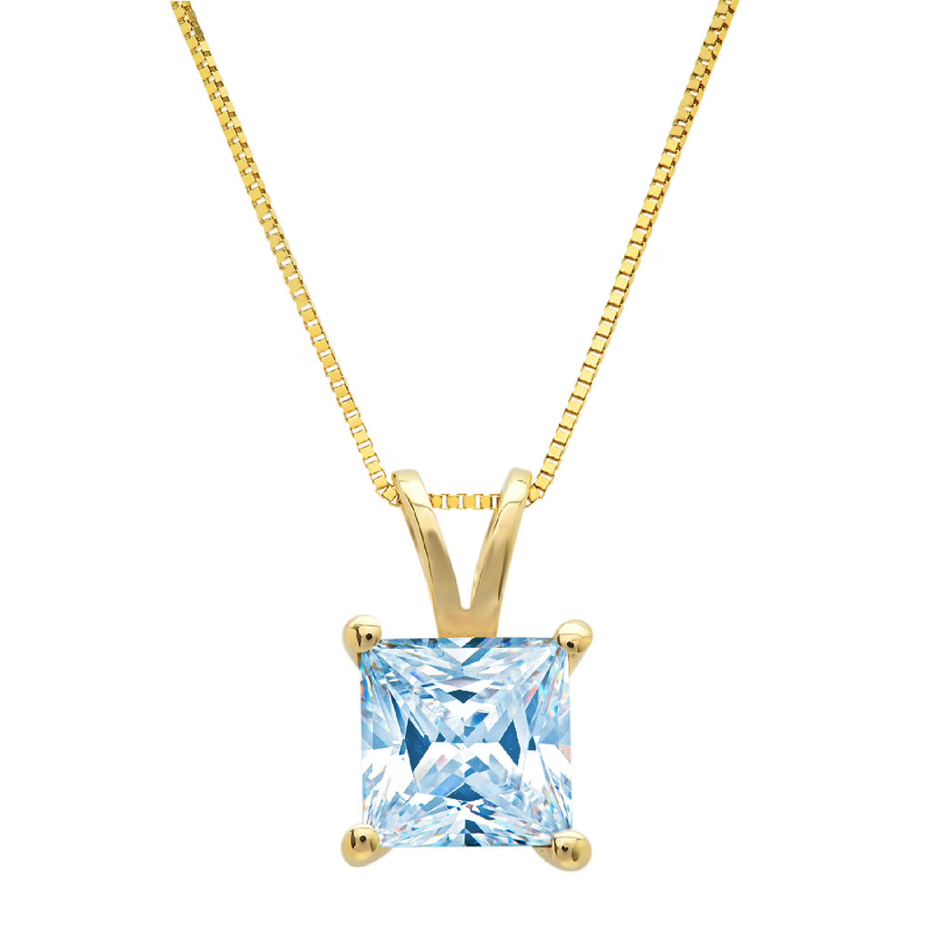 Princess Cut Natural Sky Blue Topaz 14k Yellow Gold Pendant with 16" Gold Chain H659