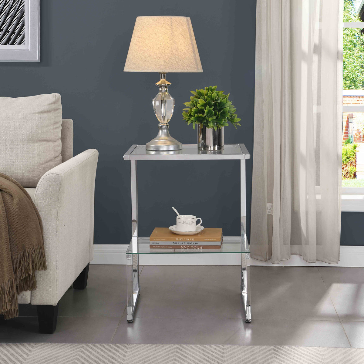 Chrome 2-Tier Acrylic Glass Top C Shape Side Table T813677