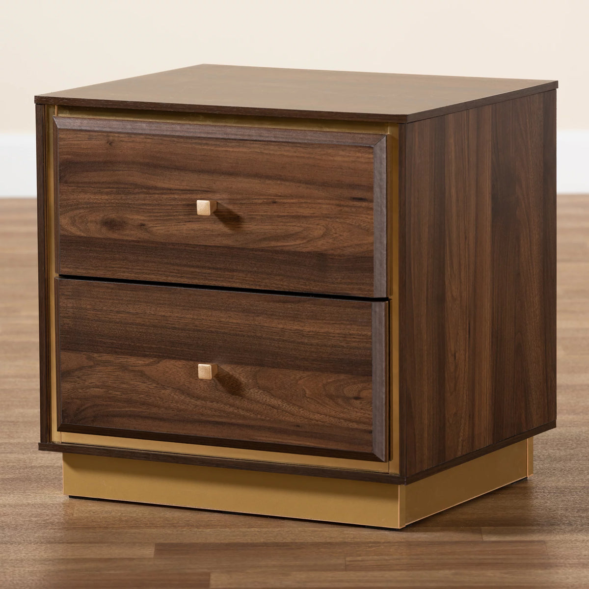 Walnut Brown Wood and Gold Metal 2-Drawer Nightstand H3402