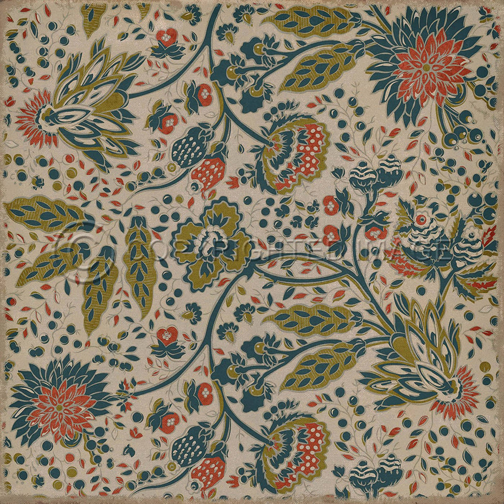 Beige/Green/Blue Square Vinyl Garden Rug O3065
