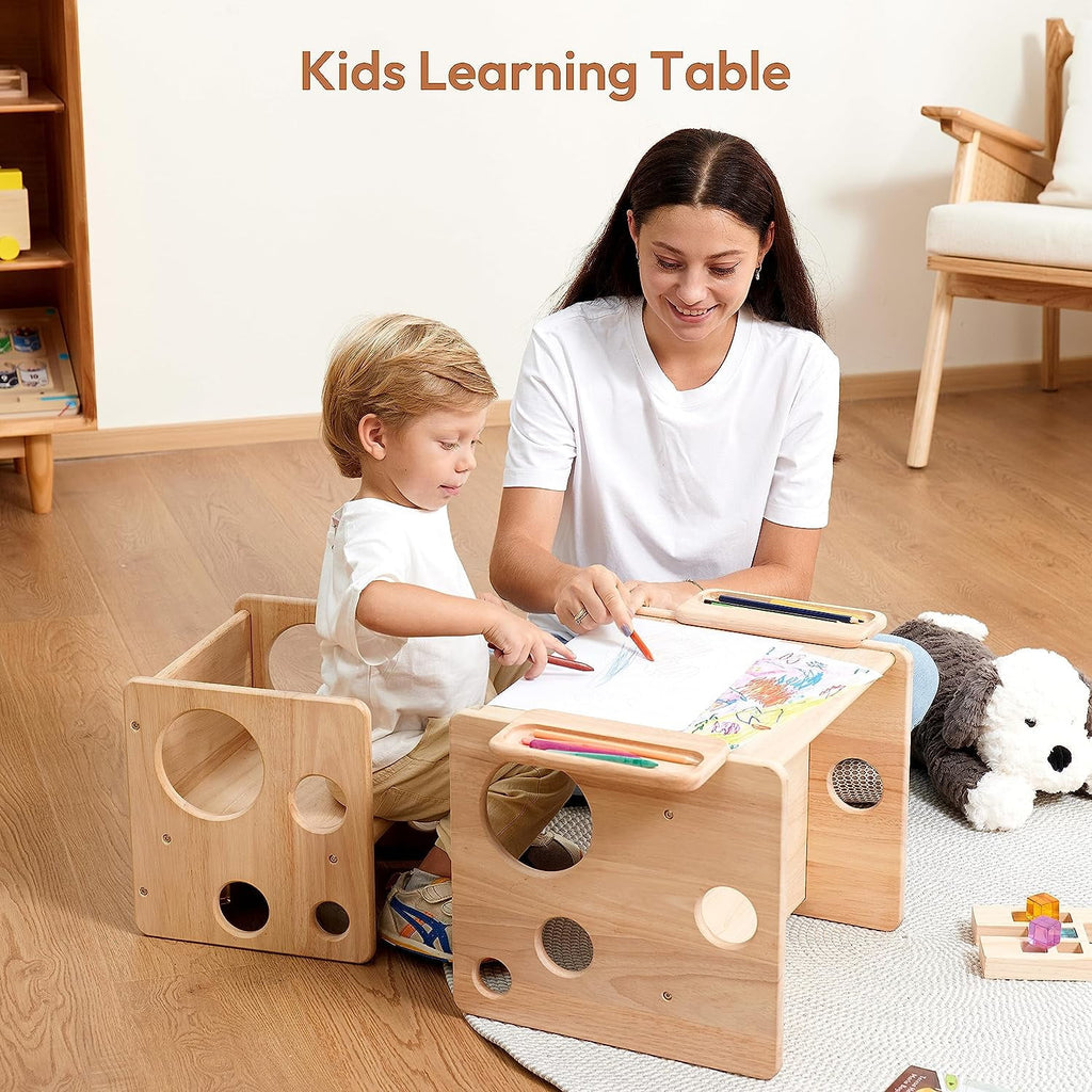 Montessori Weaning Table and Chair Set Natural Solid Wooden Kids Table Cube Chair M76995