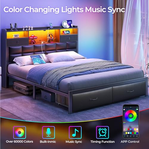 Black Full Size Upholstered Platform Bed Frame with Drawers and Storage Headboard F6221