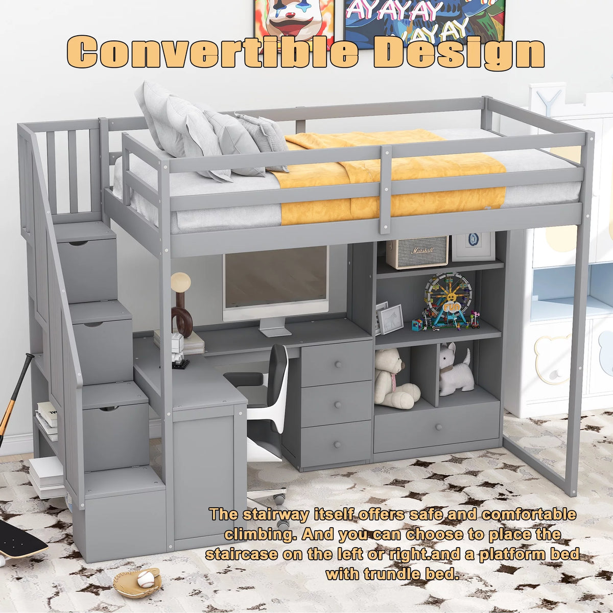 Gray Wood Twin Size Loft Bed with Desk and Stairs, 4 Storage Drawers, 4 Shelves O8755