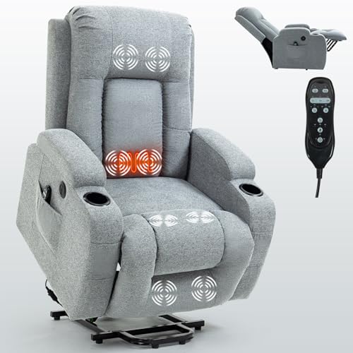 Gray Power Lift Recliner Chair with USB Charging, Cup Holders, Side Pockets, Waist Heating, 8 Point Massage I9343