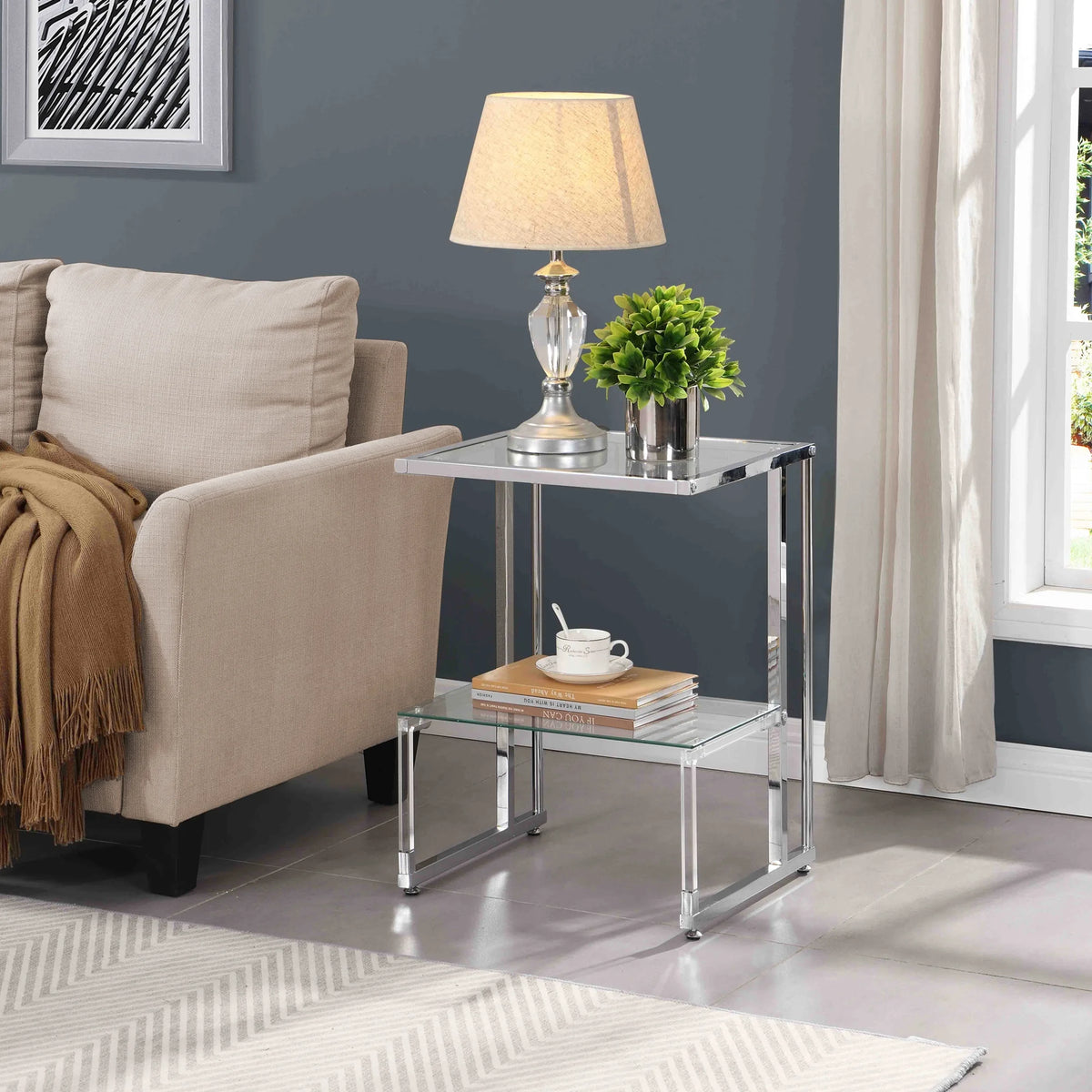 Chrome 2-Tier Acrylic Glass Top C Shape Side Table T813677
