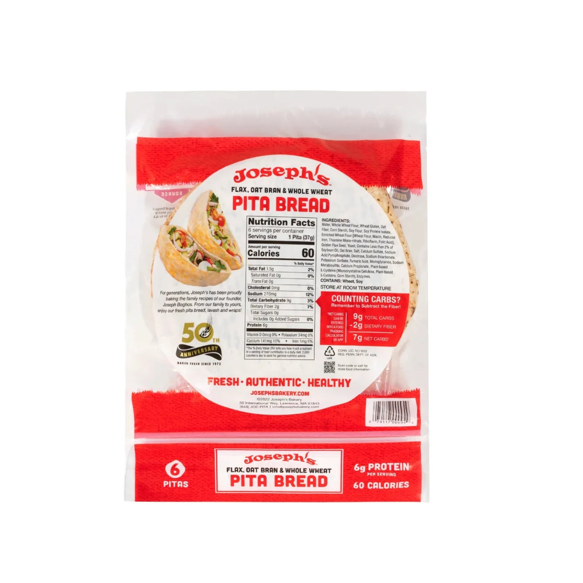 Low Net Carb Flax Pita Bread, 8 oz, 3 Pack, 18 Count T13709