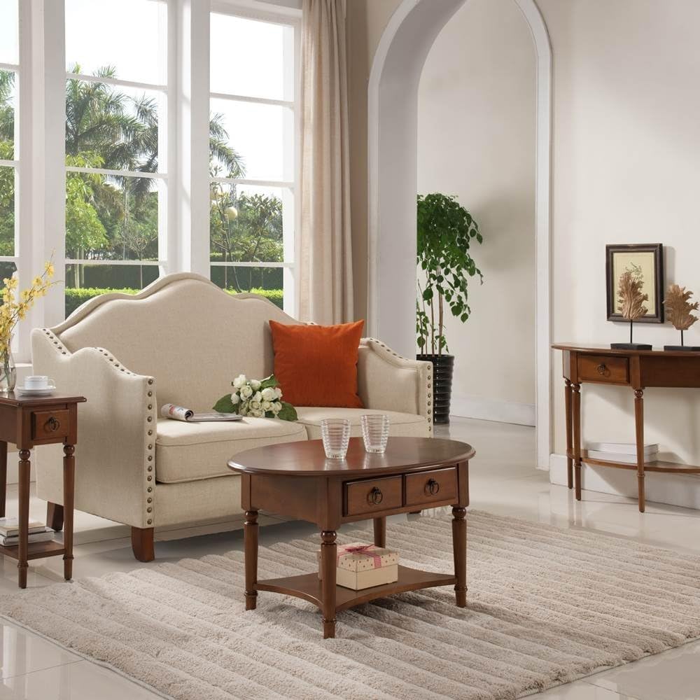 Coastal Oval Coffee Table with Shelf, Pecan F3222