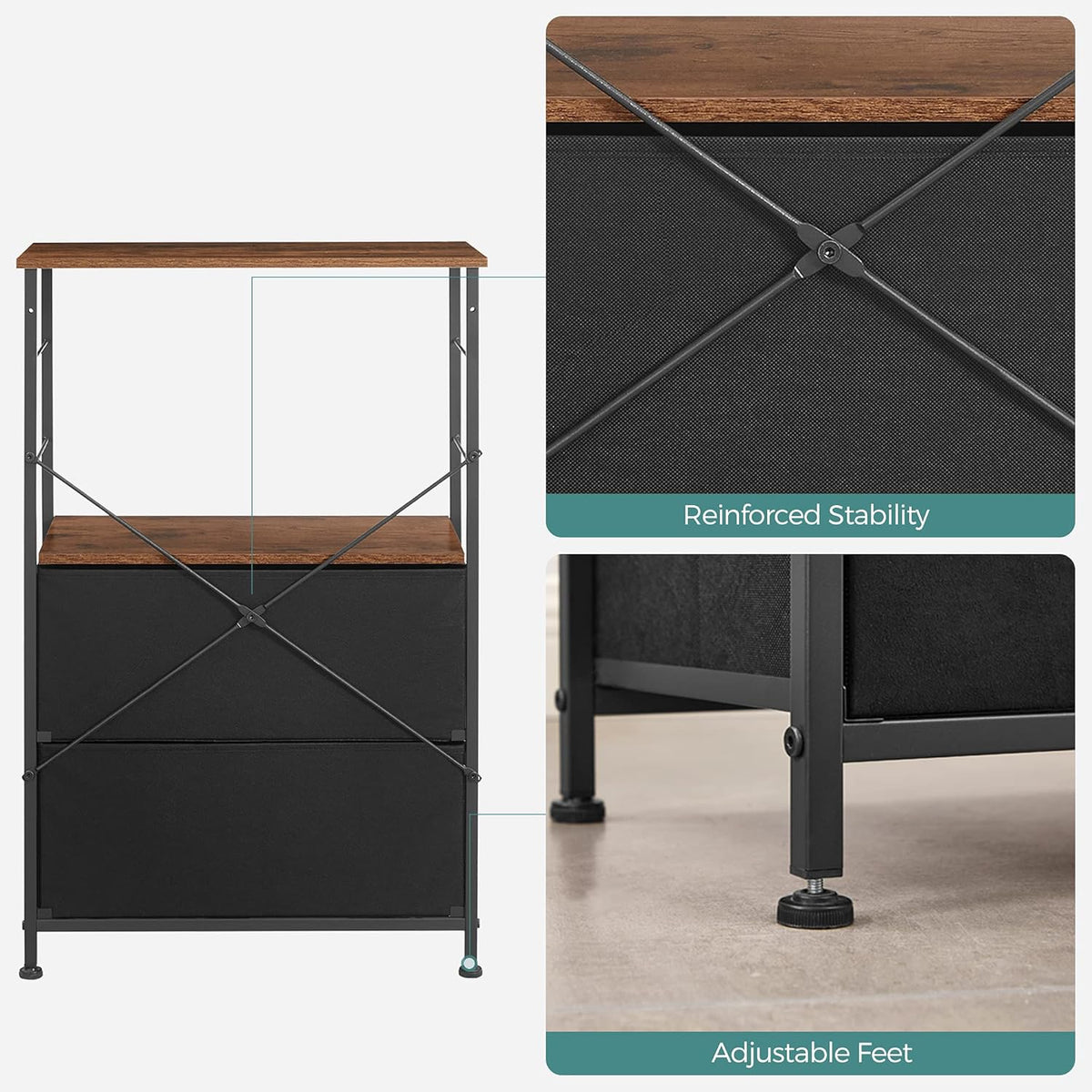 Rustic Brown Black Gray Nightstand with 2 Fabric Drawers and Wooden Top W3046