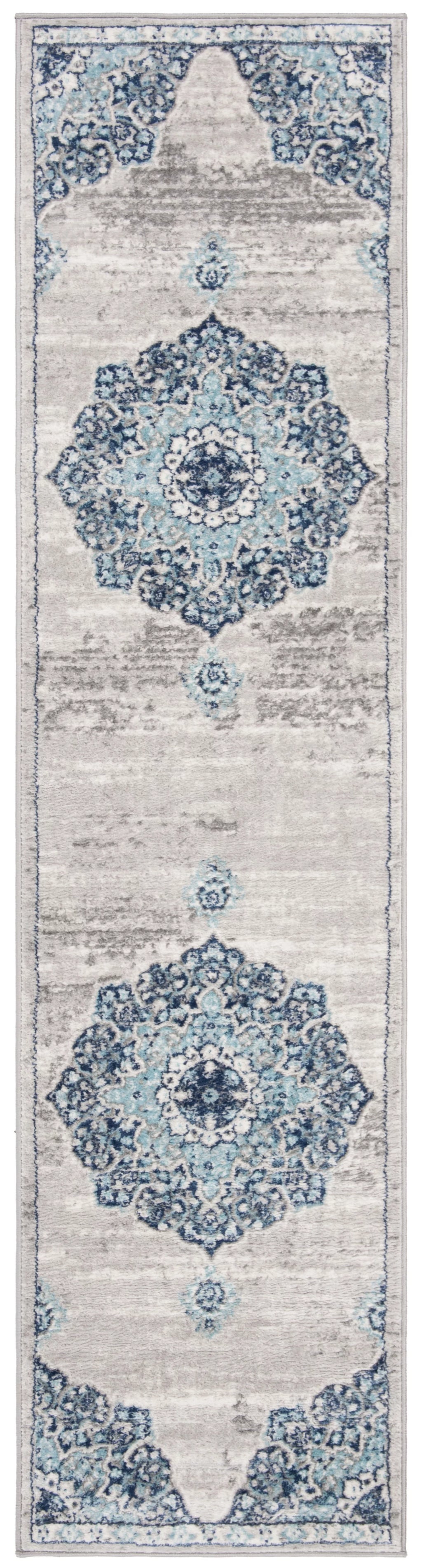 Navy Grey Floral Runner Rug R46116