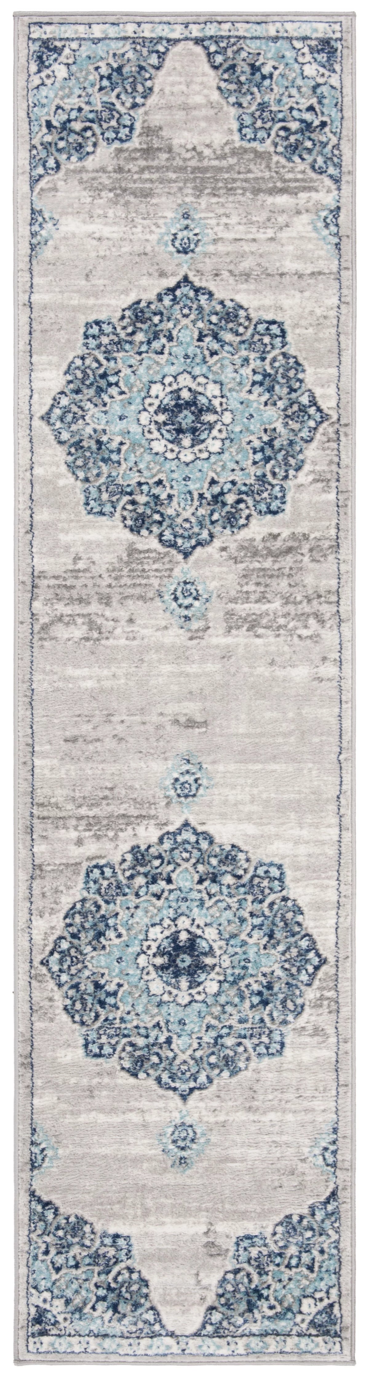 Navy Grey Floral Runner Rug R46116
