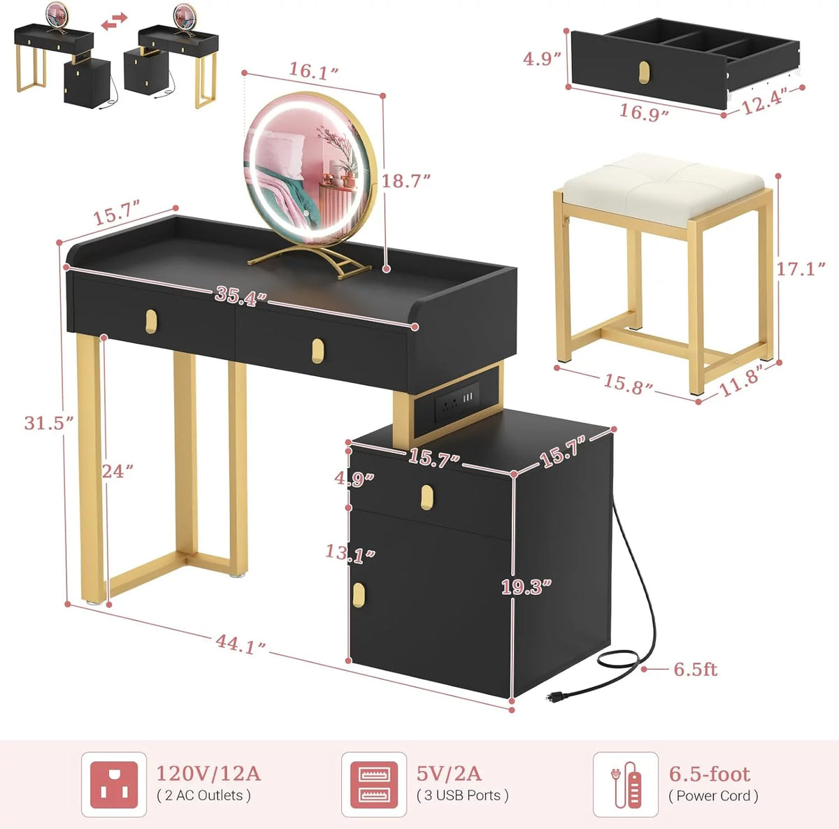 Black Vanity Desk with Lighted Mirror and Chair H2609