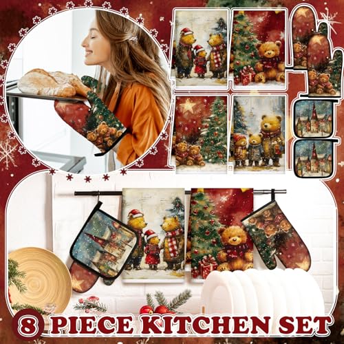 8 Pcs Christmas Kitchen Towel Oven Mitts and Pot Holders Set A821259