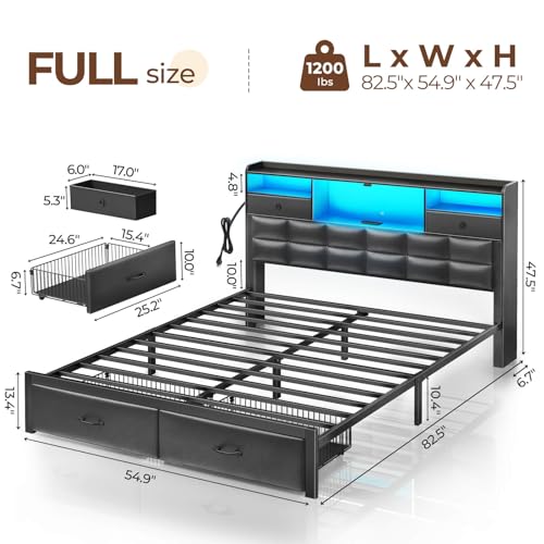 Black Full Size Upholstered Platform Bed Frame with Drawers and Storage Headboard F6221