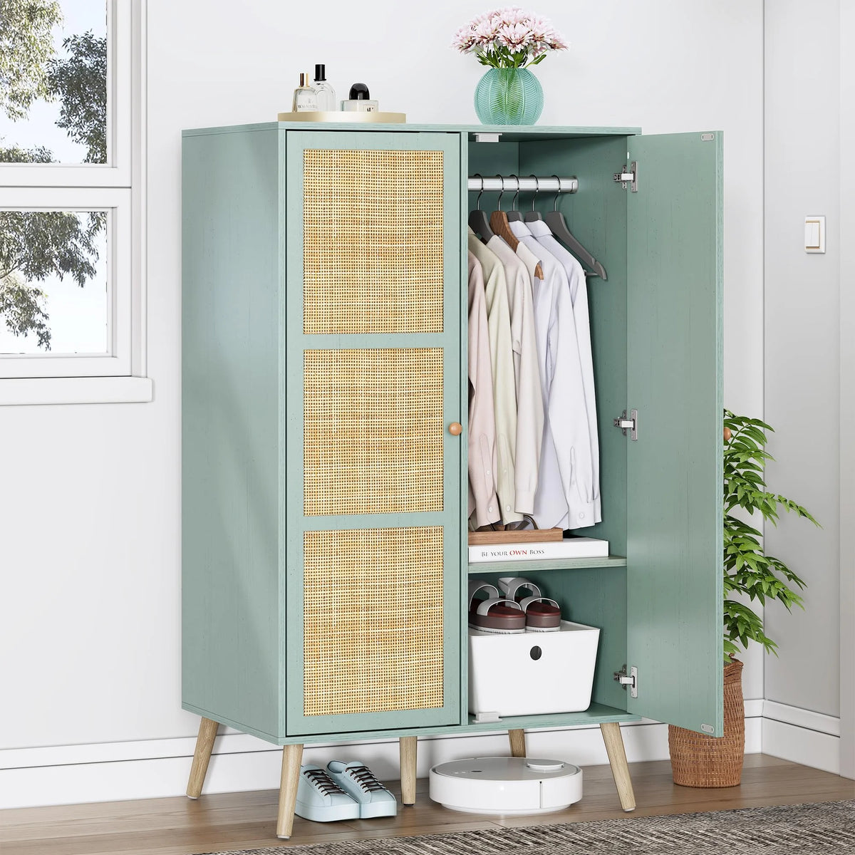 55" Wood Armoire Wardrobe Closet with Rattan Doors T6666