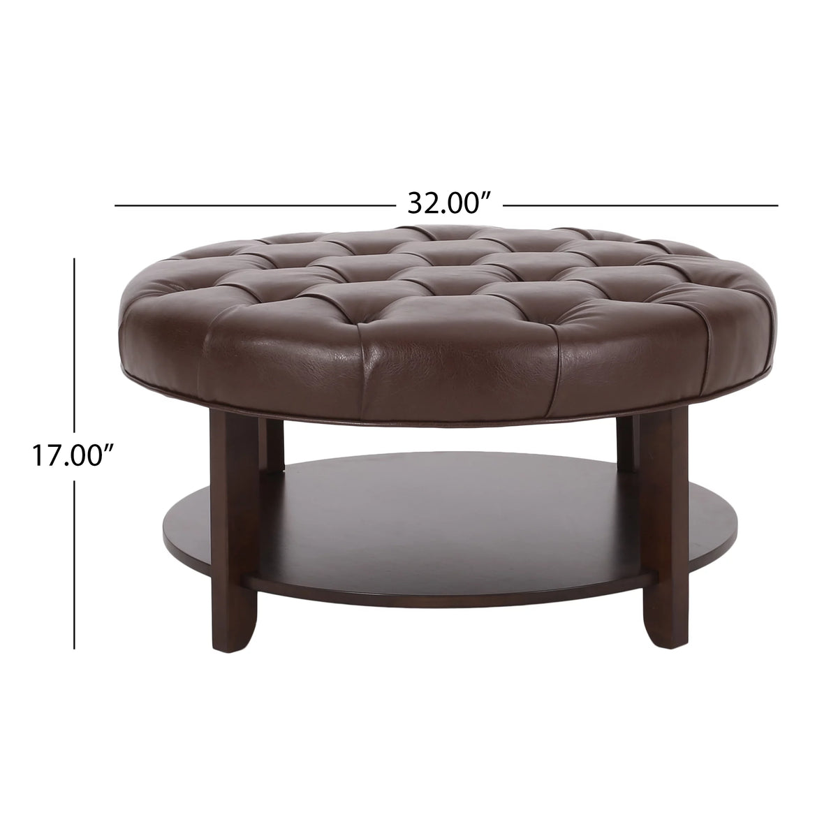 Dark Brown Espresso Faux Leather Tufted Round Ottoman with Open Shelf F1855