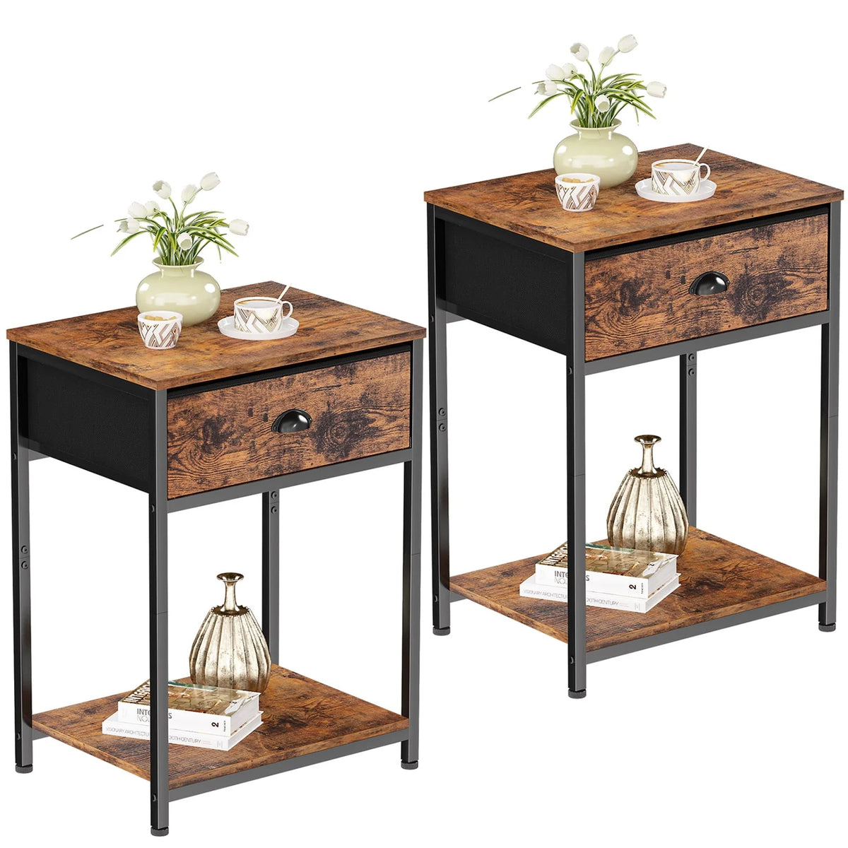 Set of 2 Nightstands with Fabric Drawer & Storage Shelf M70379