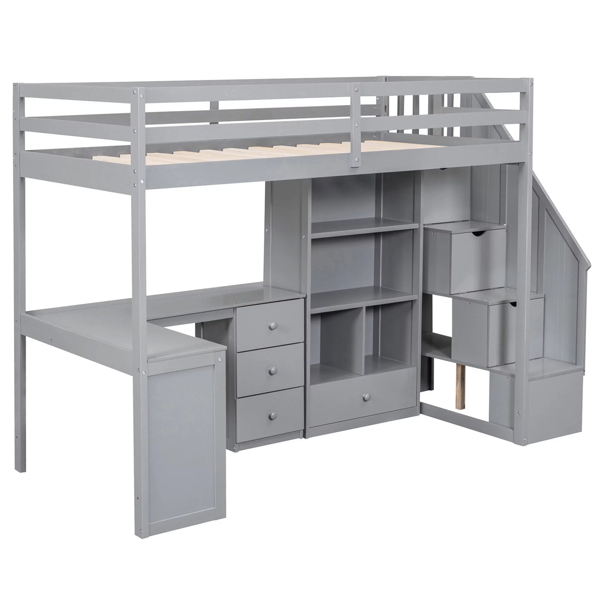 Gray Wood Twin Size Loft Bed with Desk and Stairs, 4 Storage Drawers, 4 Shelves O8755