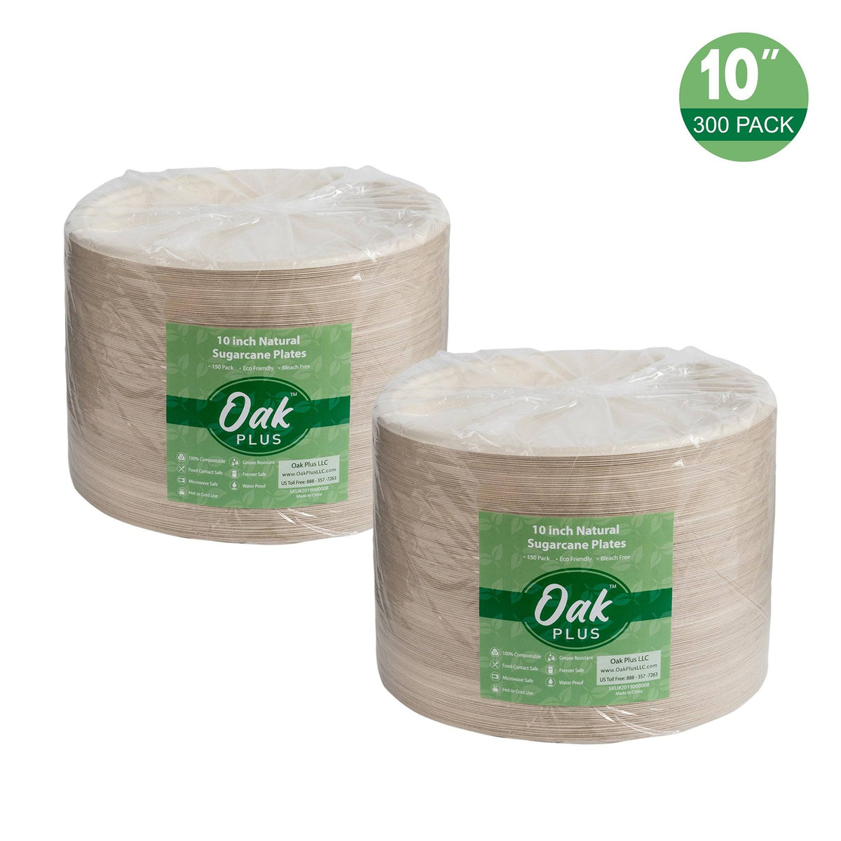 10 inch White Compostable Disposable Sugarcane Plates, 300 Pack B670
