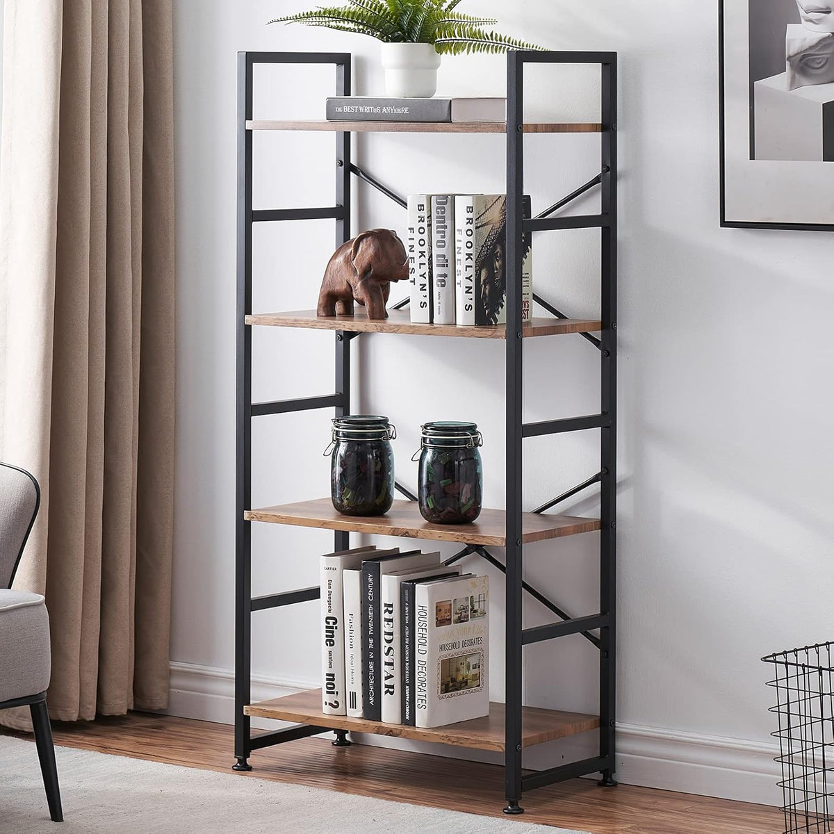 Vintage Brown 4 Tier Wood Bookshelf with Metal Frame X131