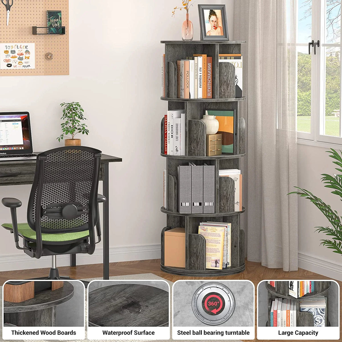 Grey Oak 4 Tier Rotating Corner Bookshelf A459394