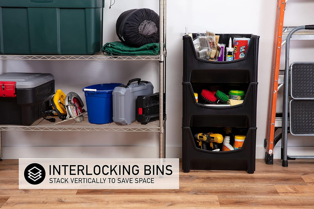 Black Pack of 3 Stackable Storage Bins E488205