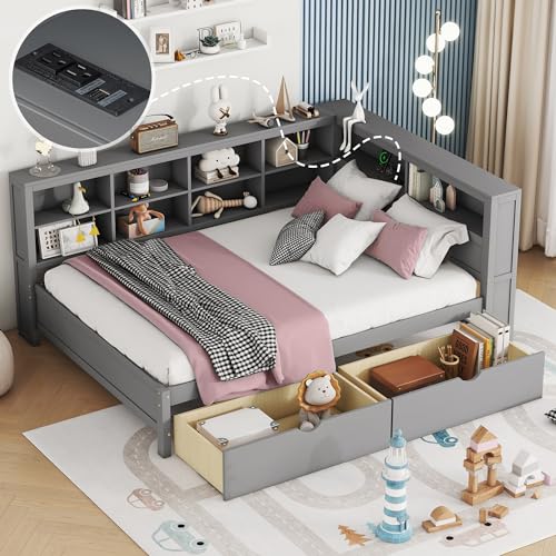 Grey Wood Twin Size L-Shape Daybed with Bookcase and Drawers and Storage Headboard A819488