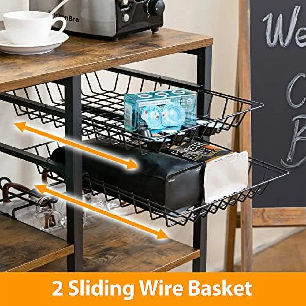 Rustic Brown Metal Frame Bakers Rack with Wire Basket T855