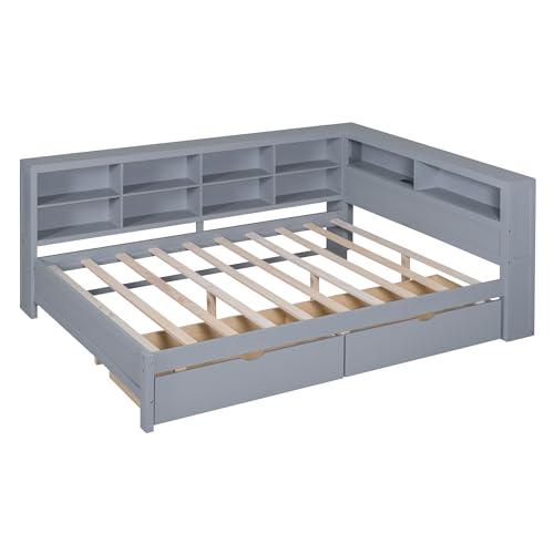 Grey Wood Twin Size L-Shape Daybed with Bookcase and Drawers and Storage Headboard A819488