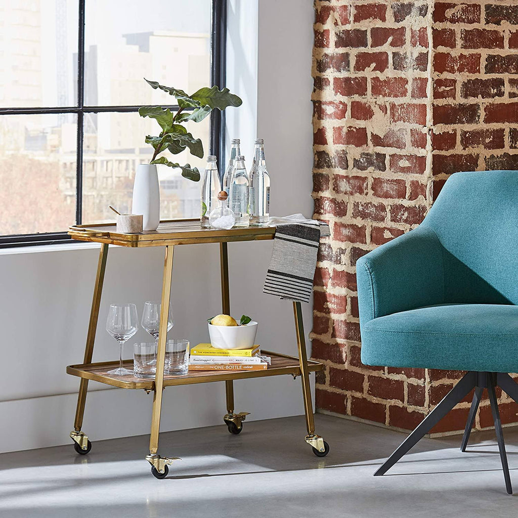 Natural Gold 2-Tiered Rolling Bar Cart with Wheels Y4098