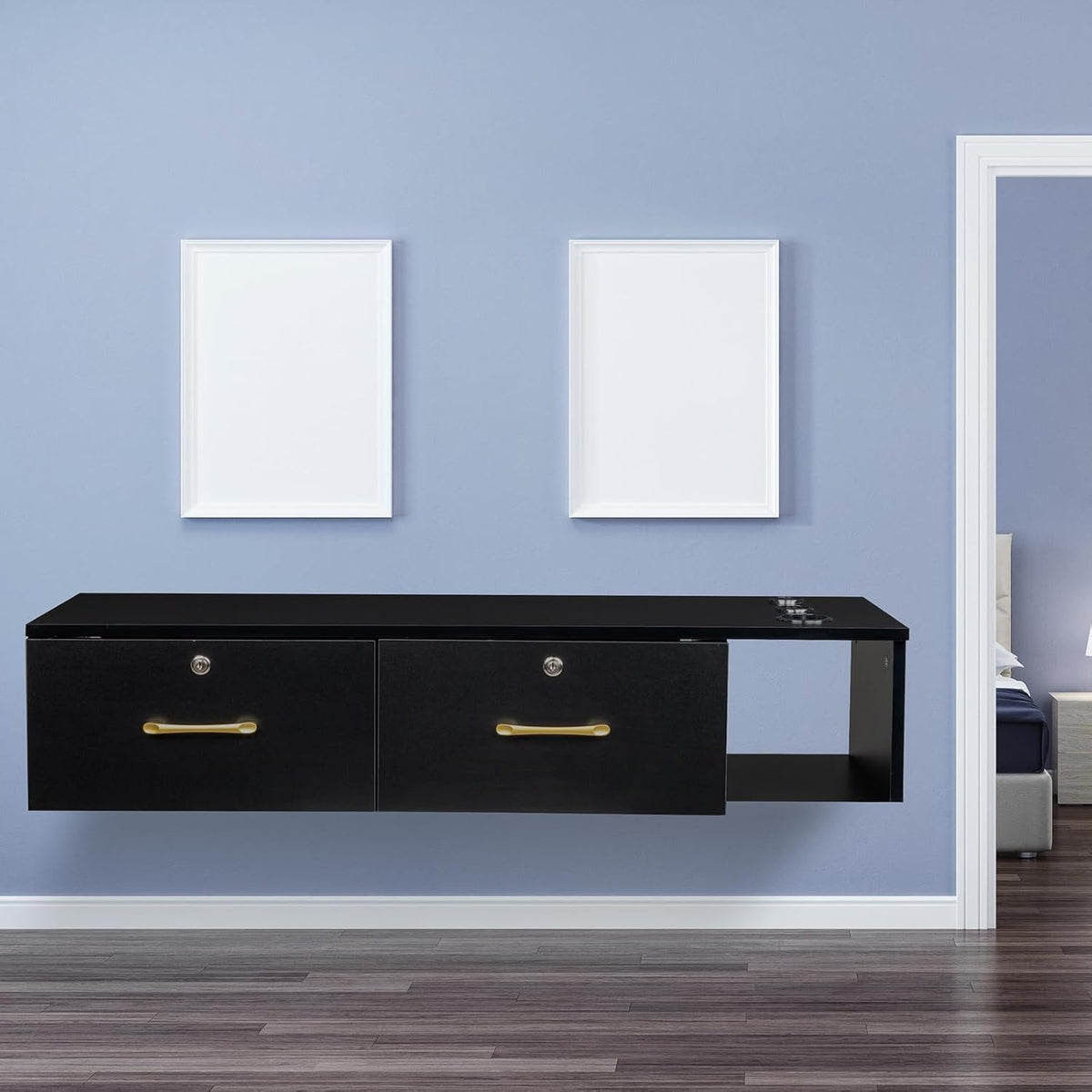Black Wall Mount Station with Drawers Storage Cabinet C96777