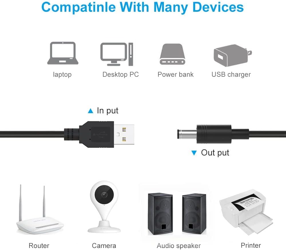 5V DC Power Cable USB to DC 5.5x2.1mm Plug Charger Cord with 10 Connector Tips T2765