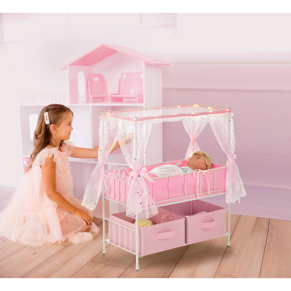 Metal Doll Crib with Canopy Bedding Storage and LED Lights J9468