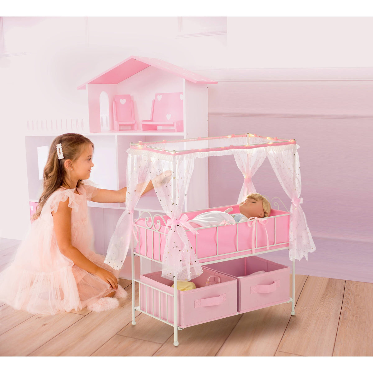 Metal Doll Crib with Canopy Bedding Storage and LED Lights J9468