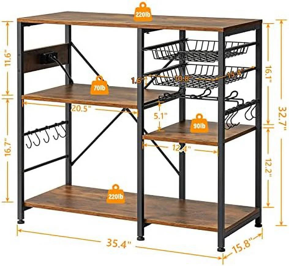 Rustic Brown Metal Frame Bakers Rack with Wire Basket T855