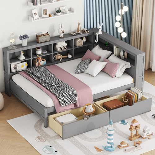 Grey Wood Twin Size L-Shape Daybed with Bookcase and Drawers and Storage Headboard A819488