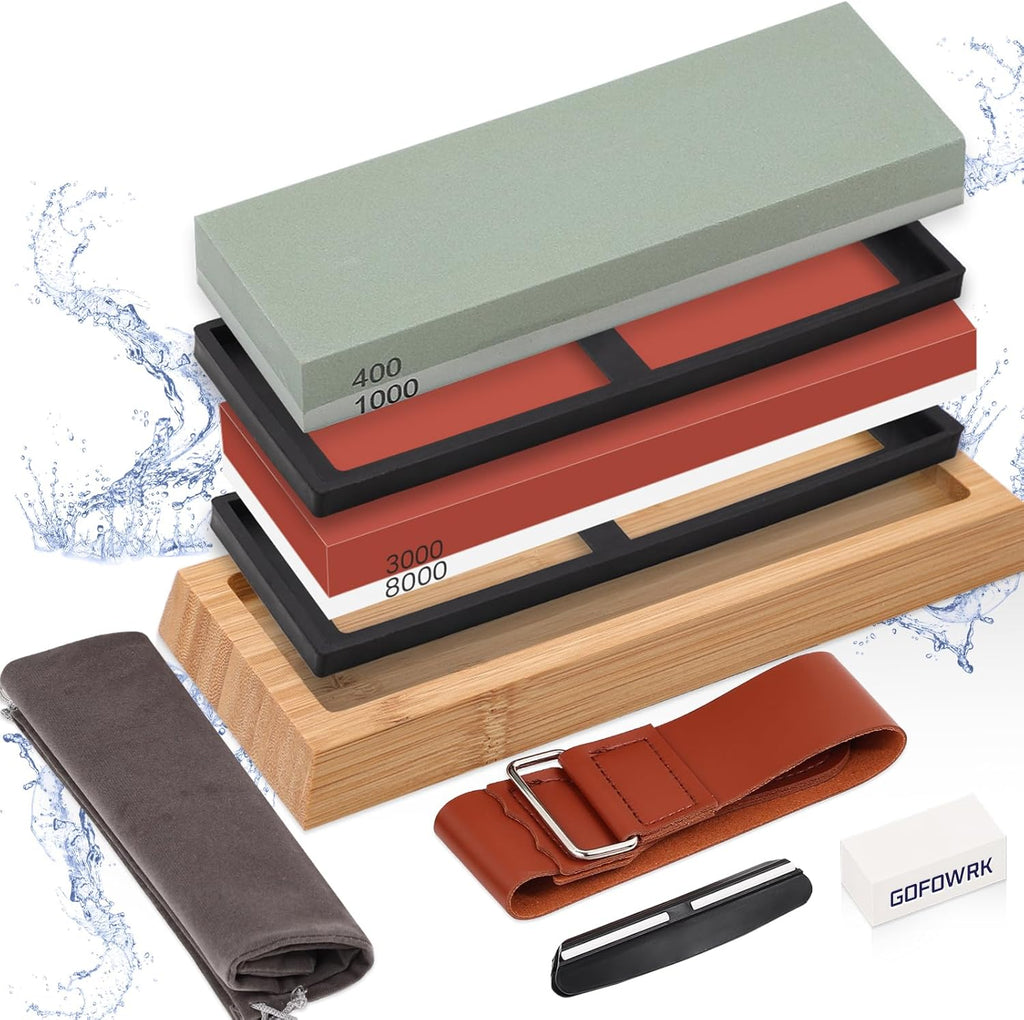 4 Side Grit 400/1000 3000/8000 Whetstone Sharpening Stone Set with Leather Strop F580941