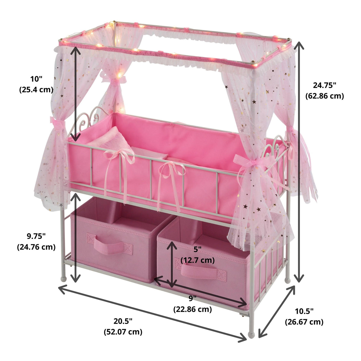 Metal Doll Crib with Canopy Bedding Storage and LED Lights J9468