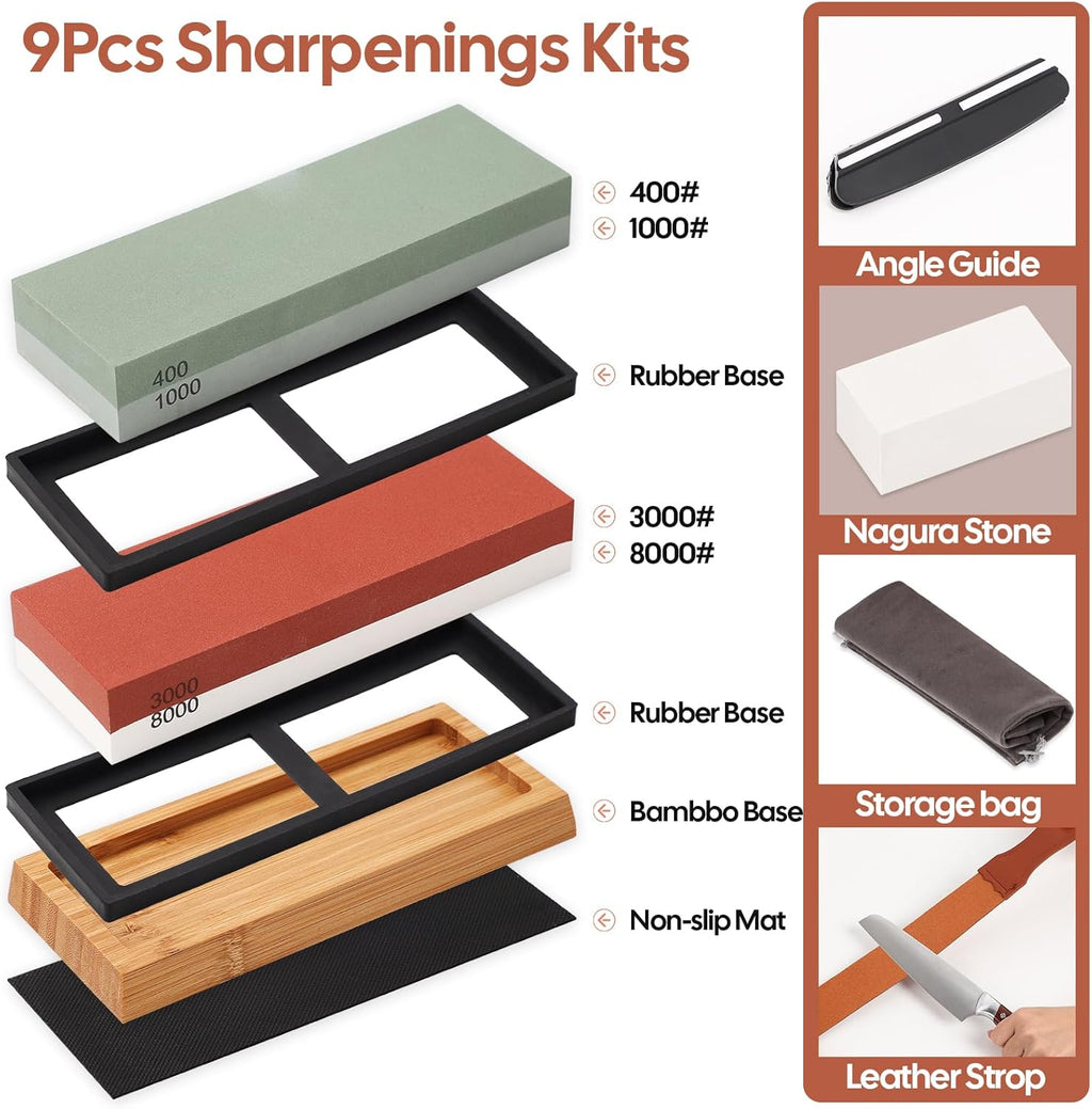 4 Side Grit 400/1000 3000/8000 Whetstone Sharpening Stone Set with Leather Strop F580941