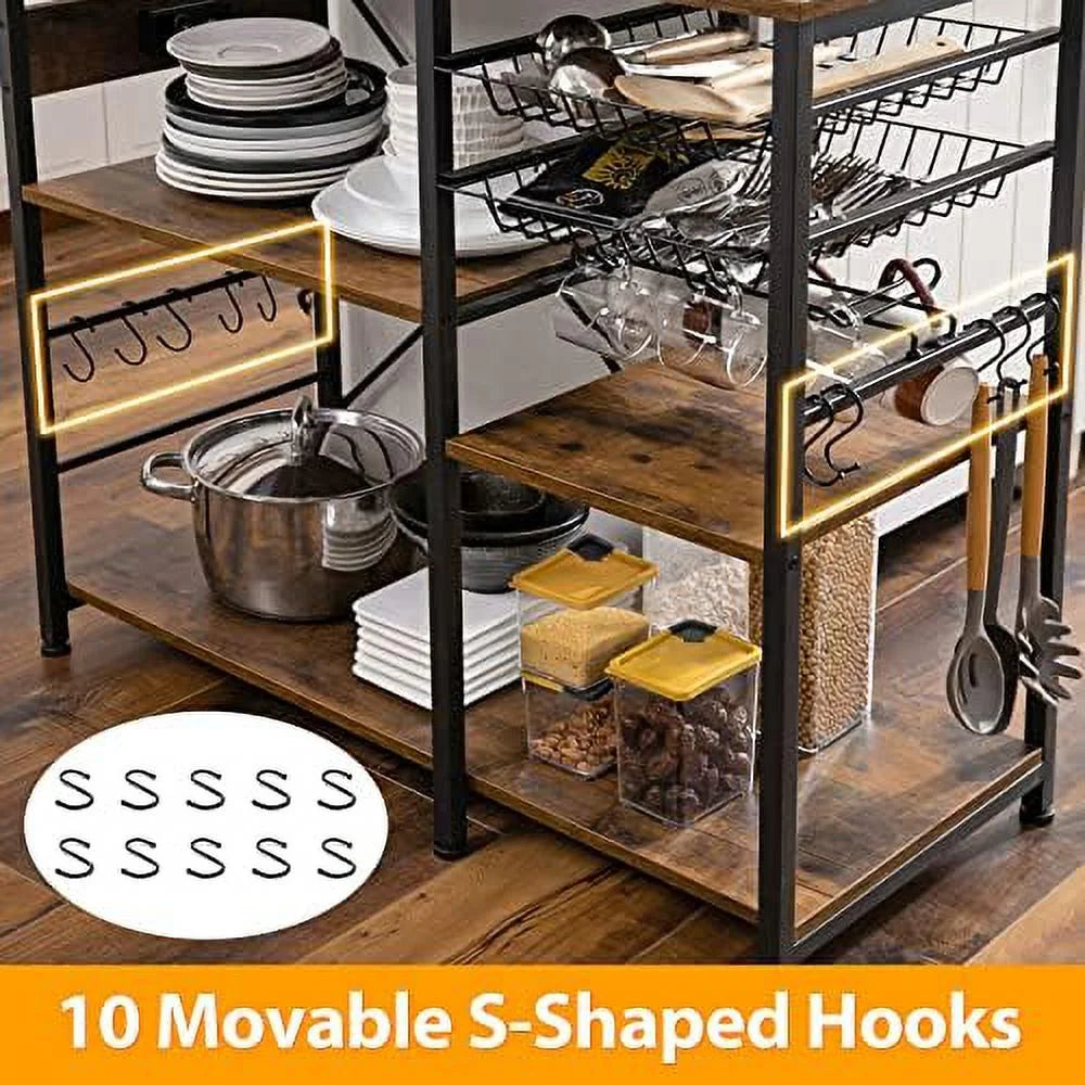 Rustic Brown Metal Frame Bakers Rack with Wire Basket T855