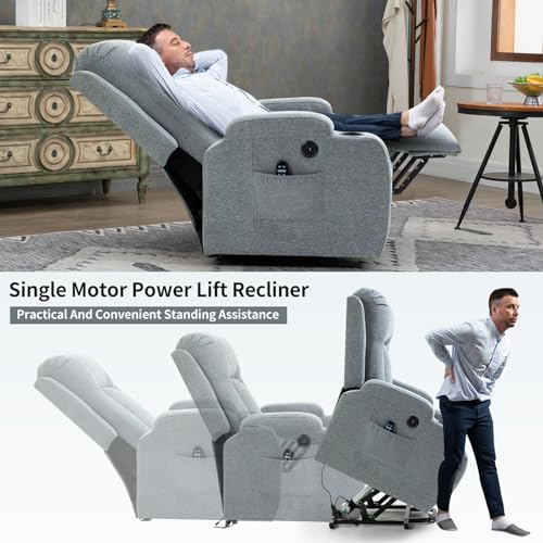 Gray Power Lift Recliner Chair with USB Charging, Cup Holders, Side Pockets, Waist Heating, 8 Point Massage I9343
