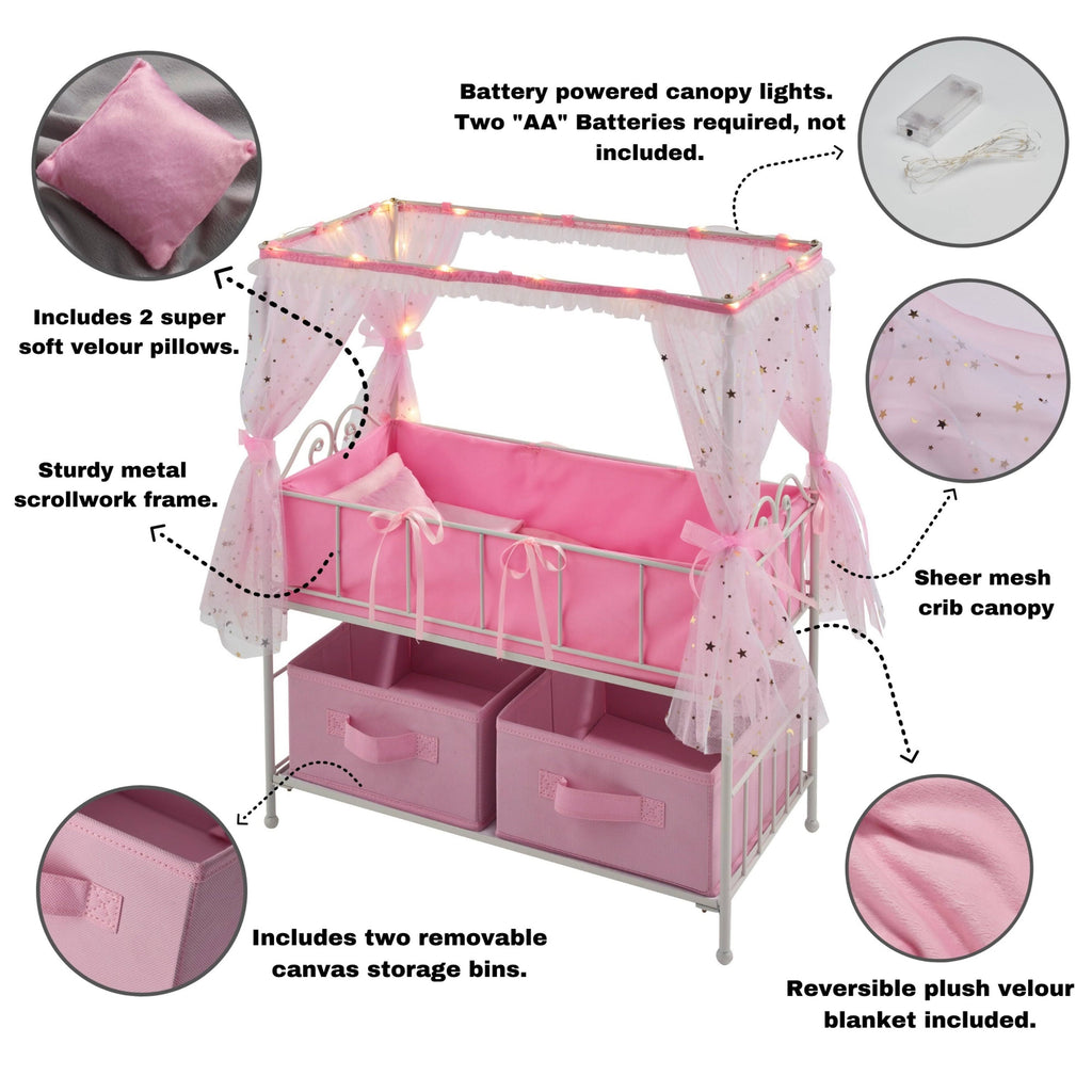 Metal Doll Crib with Canopy Bedding Storage and LED Lights J9468