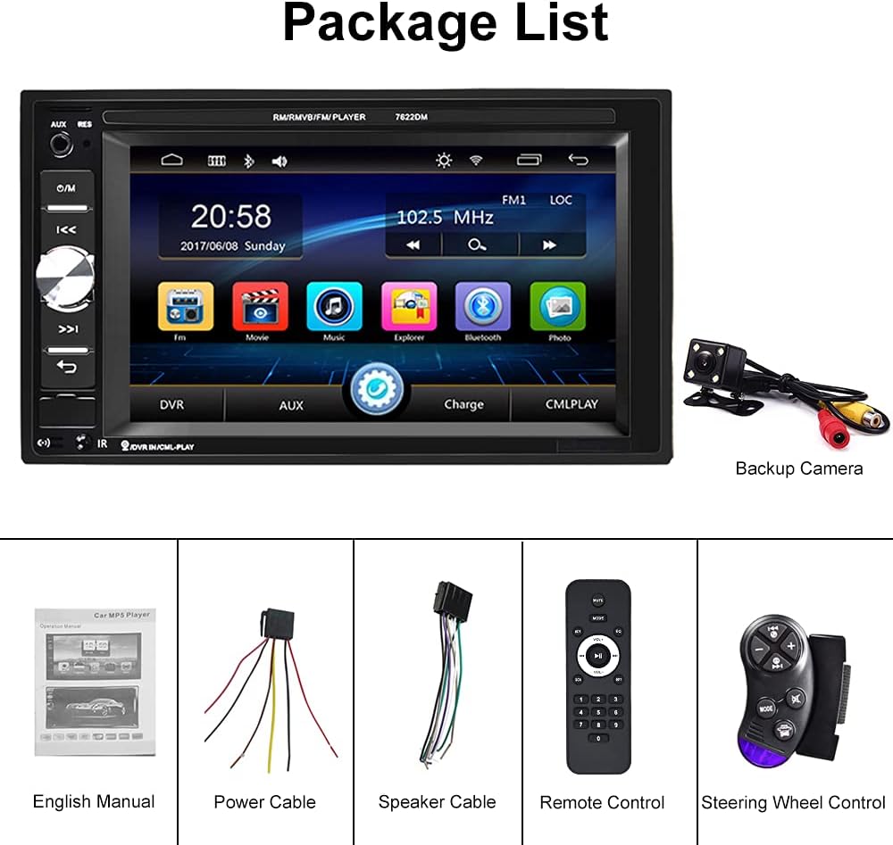 6.2 Inch Double Din Touch Screen Car Stereo with Bluetooth FM Receiver W844158